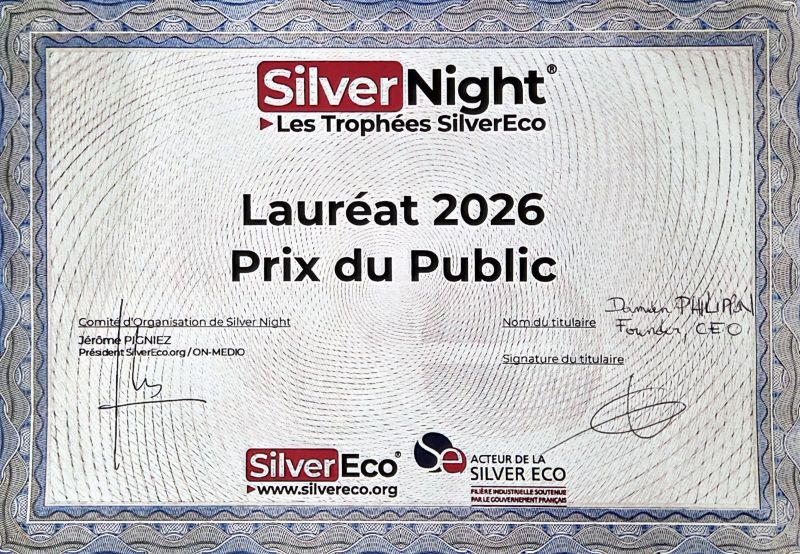 SilverNight diploma of the Trophées SilverEco reading “Lauréat 2026, Prix du Public”, made out to Damien Philippon, Founder, CEO, and signed by Jérôme Pigniez, president of SilverEco.org