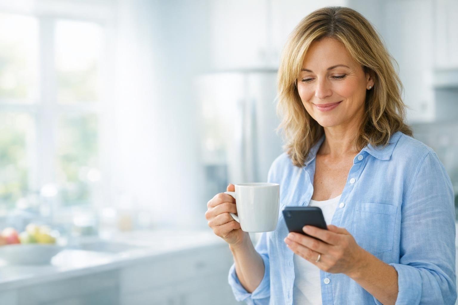 A reassured woman reading a message on her phone in her kitchen