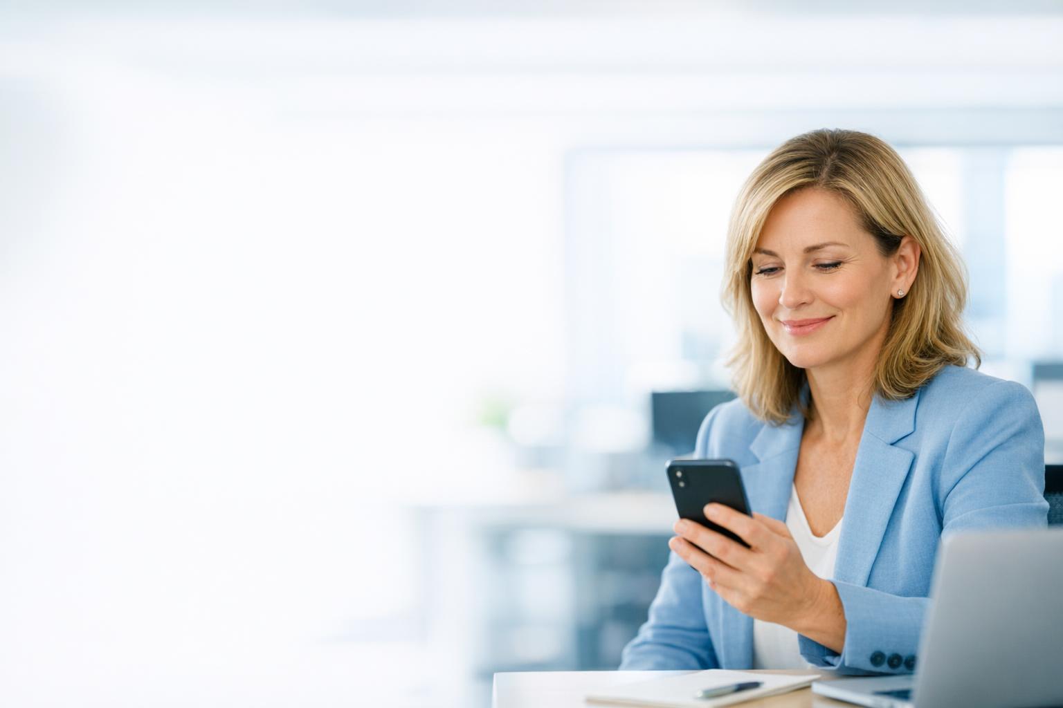 A smiling HR executive at her office desk