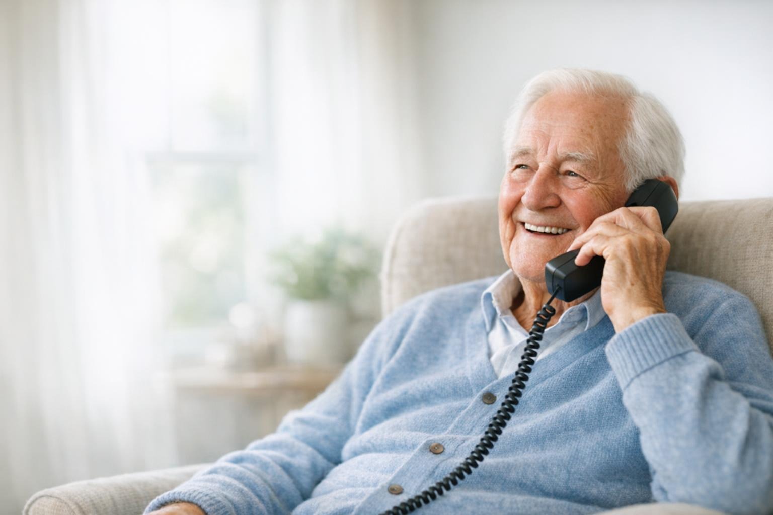 A smiling older man at home, talking on the phone