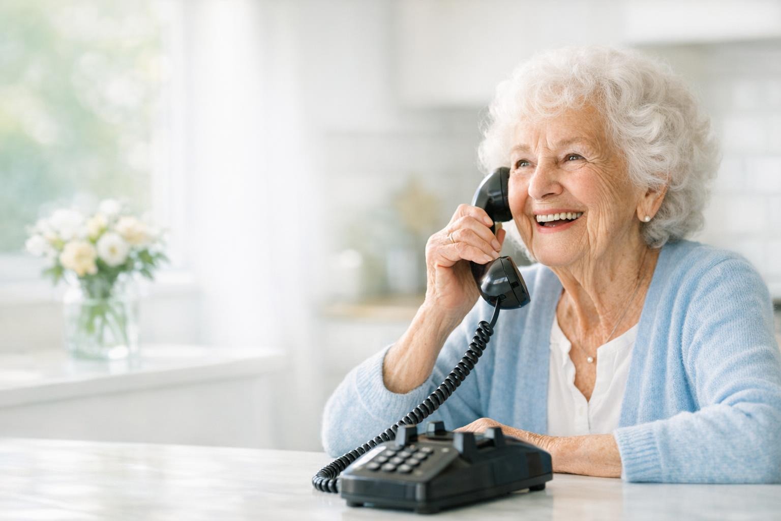 A joyful older woman answering a classic telephone at home